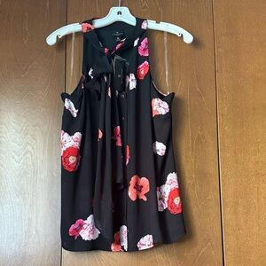 Worthington NWT PL Self Tie Neckline Floral Sleeveless Black Top